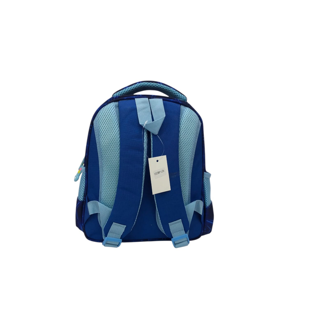 Blue kids dinosaur backpack with mesh side pockets and padded shoulder straps