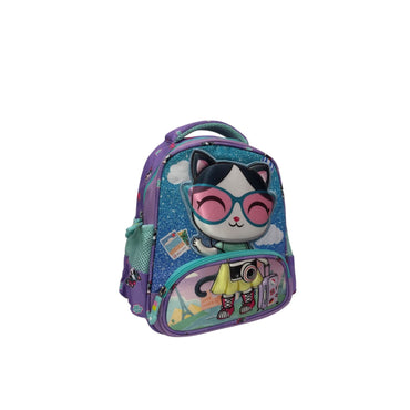 Kids backpack with large cartoon cat face front graphic, purple body and teal trim