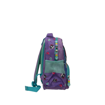 Kids cat print backpack, back view with top handle, green zipper pulls, side mesh