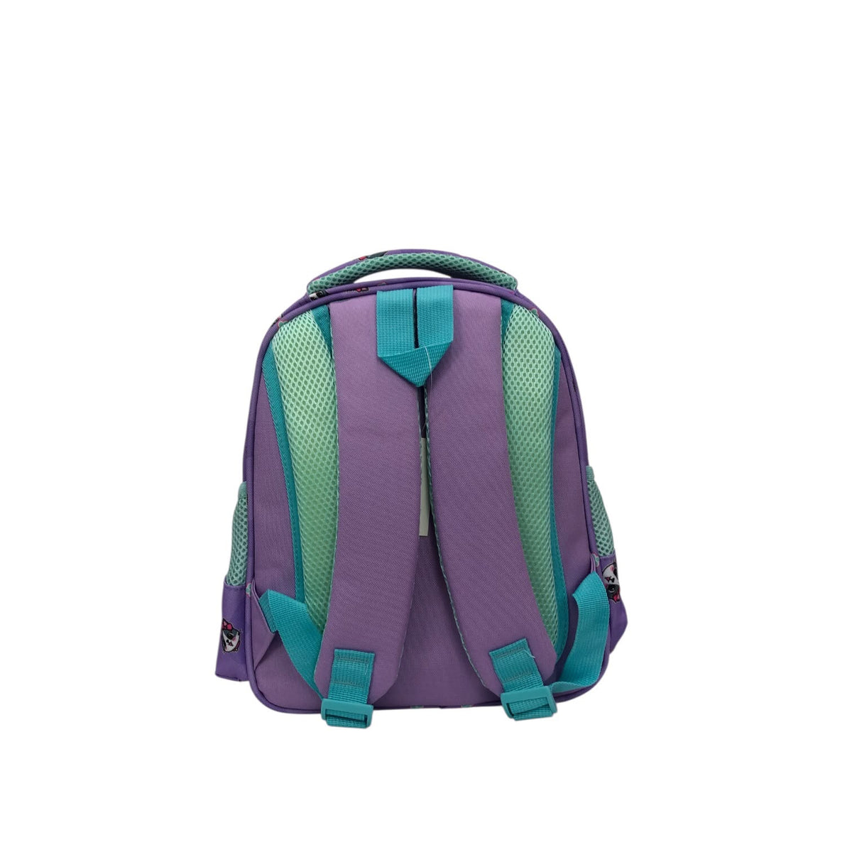 Kids cat-themed backpack with purple and teal panels, front zipper, adjustable straps