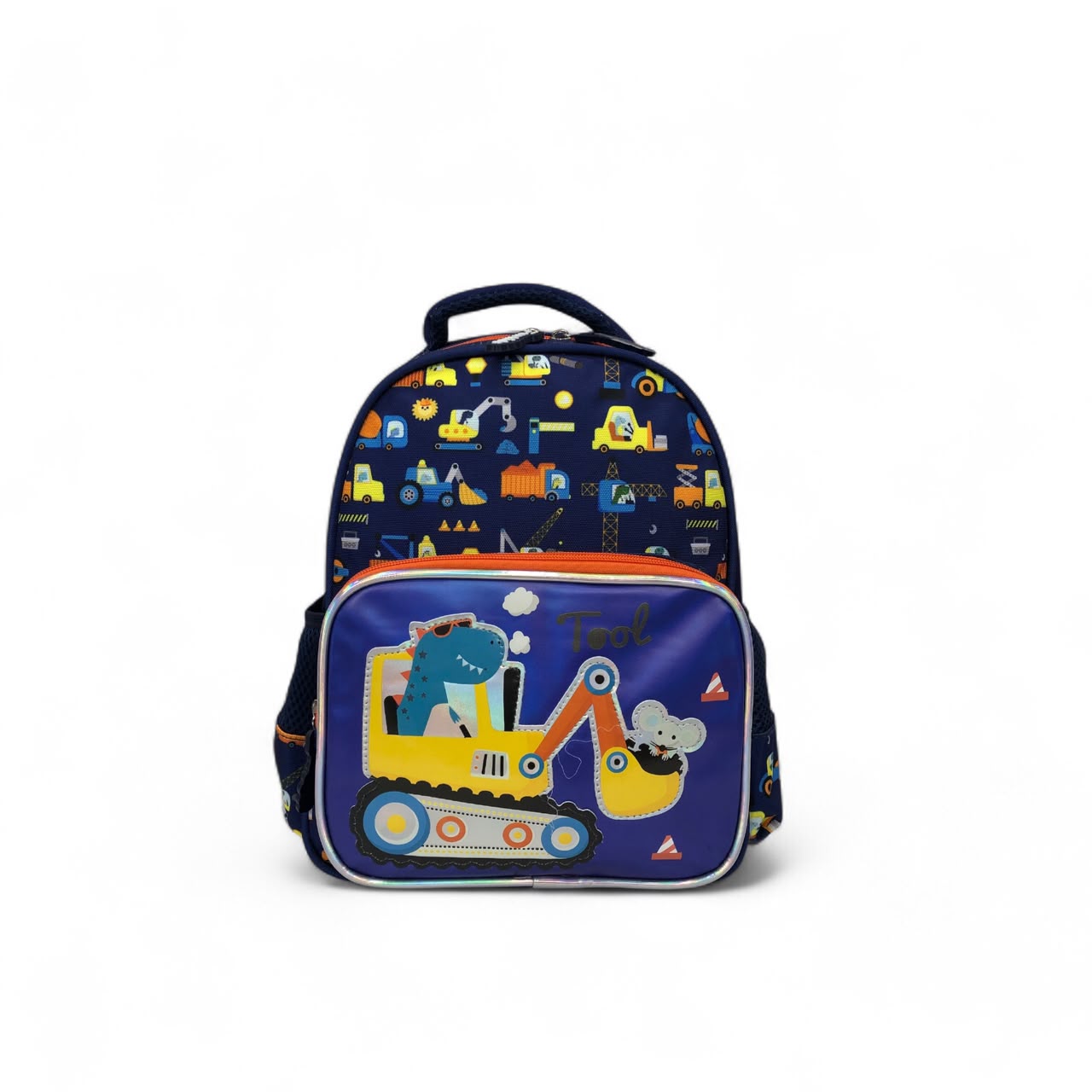 Kids dinosaur construction backpack front view, navy with excavator graphic and orange trim