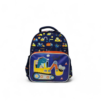Kids dinosaur construction backpack front view, navy with excavator graphic and orange trim