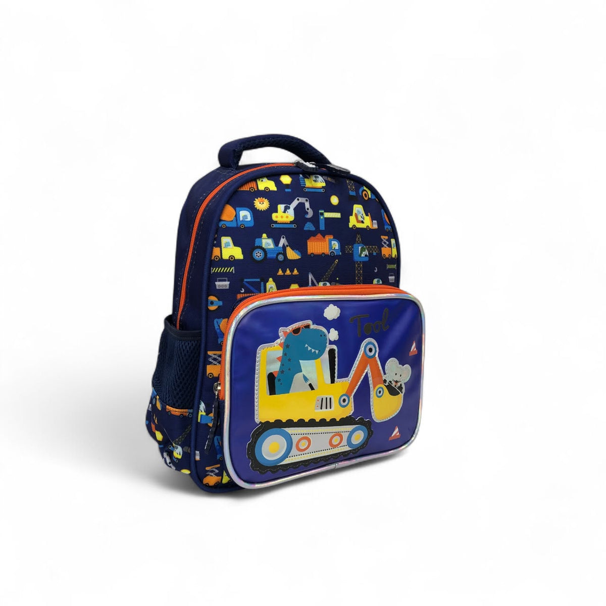 Kids dinosaur construction backpack, navy with tool/vehicle patch front and zipper pocket