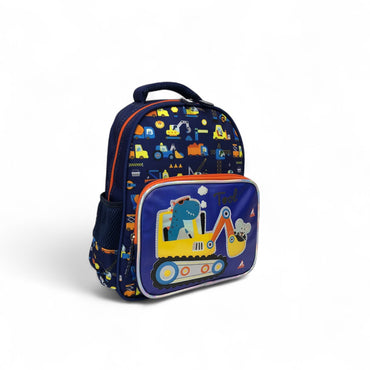 Kids dinosaur construction backpack, navy with tool/vehicle patch front and zipper pocket
