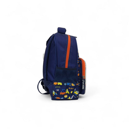 Kids backpack, dark blue with orange zipper accents and excavator graphic front pocket