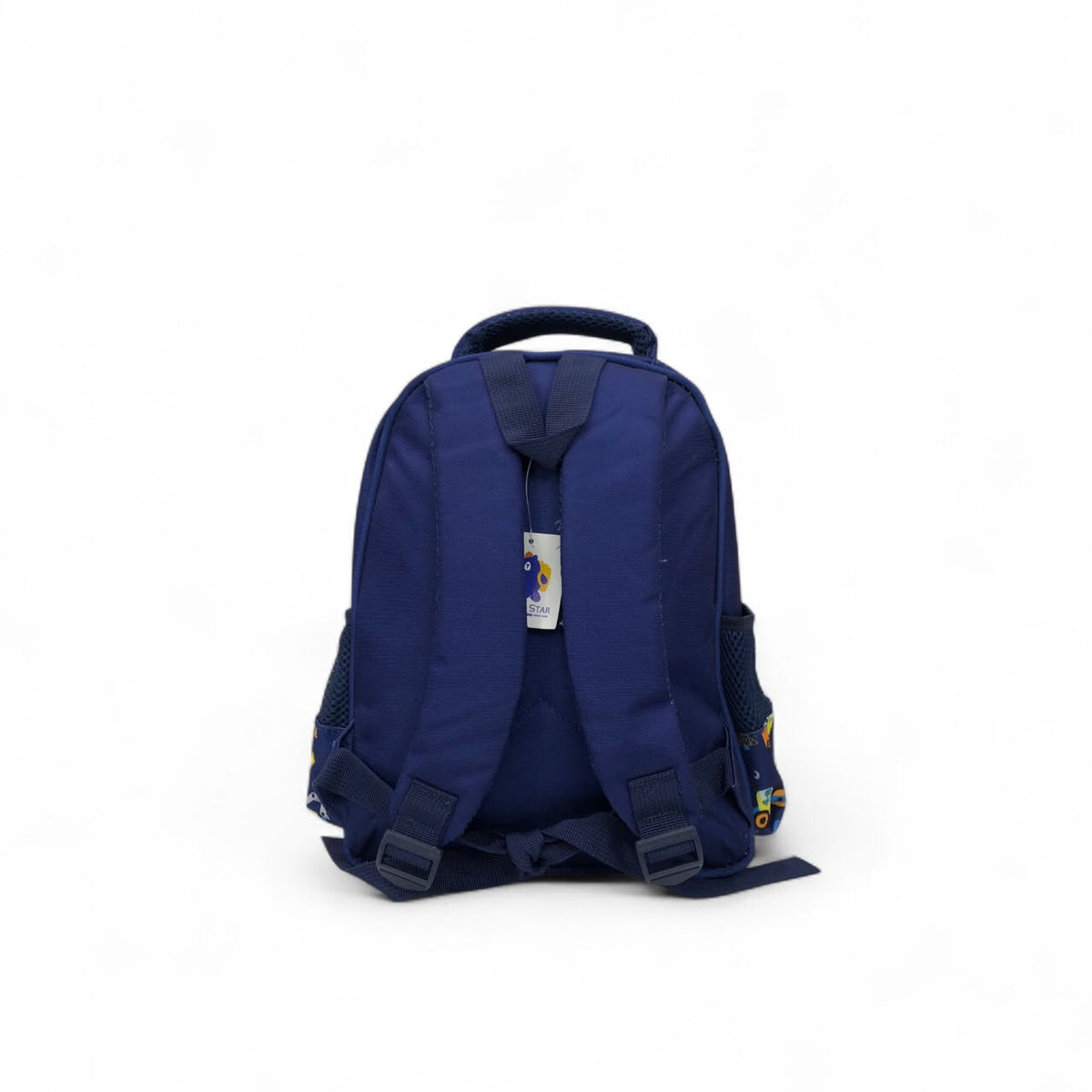 Kids construction backpack, dark blue with dinosaur/vehicle prints, top handle and straps
