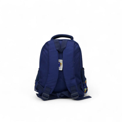 Kids construction backpack, dark blue with dinosaur/vehicle prints, top handle and straps