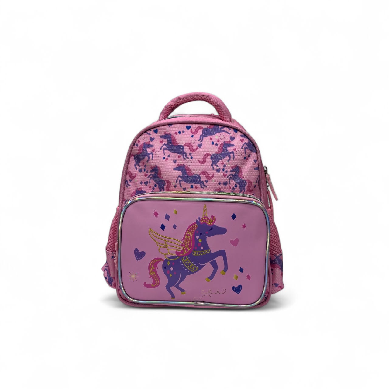 Pink kids backpack with unicorn front graphic, silver zipper trim, top handle