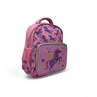 Pink kids backpack with unicorn and stars print, front zip pocket, top handle
