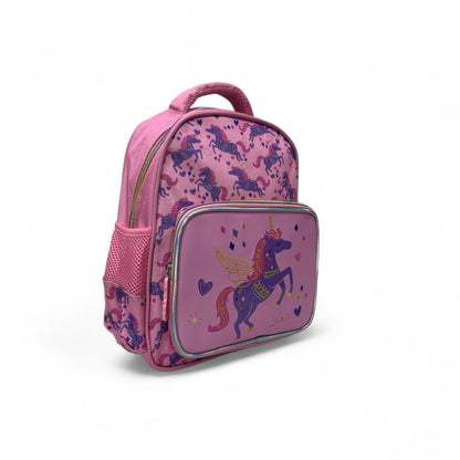 Pink kids backpack with unicorn and stars print, front zip pocket, top handle