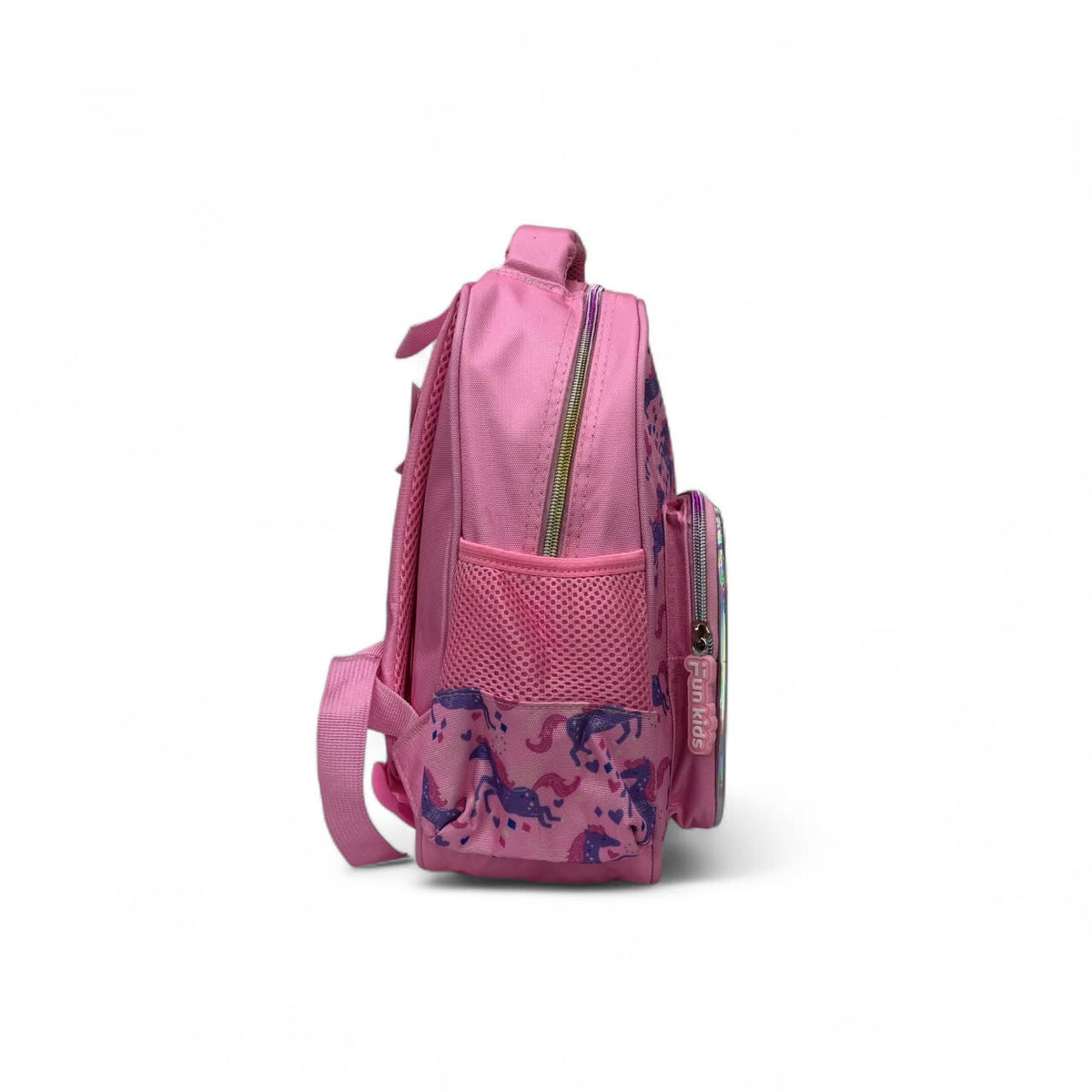 Pink kids backpack side view with front mesh pocket, adjustable strap, zipper