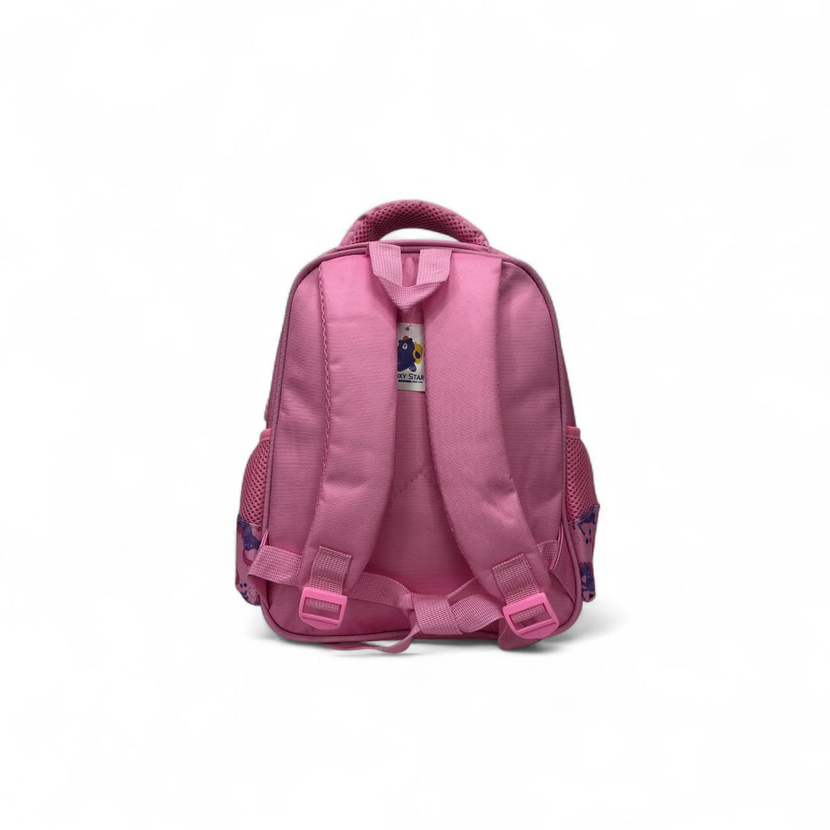 Pink kids backpack with unicorn graphic, top handle, front straps, double zipper