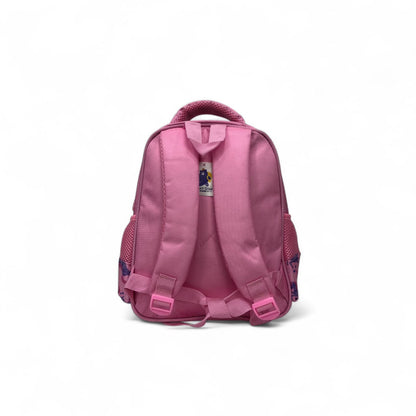 Pink kids backpack with unicorn graphic, top handle, front straps, double zipper