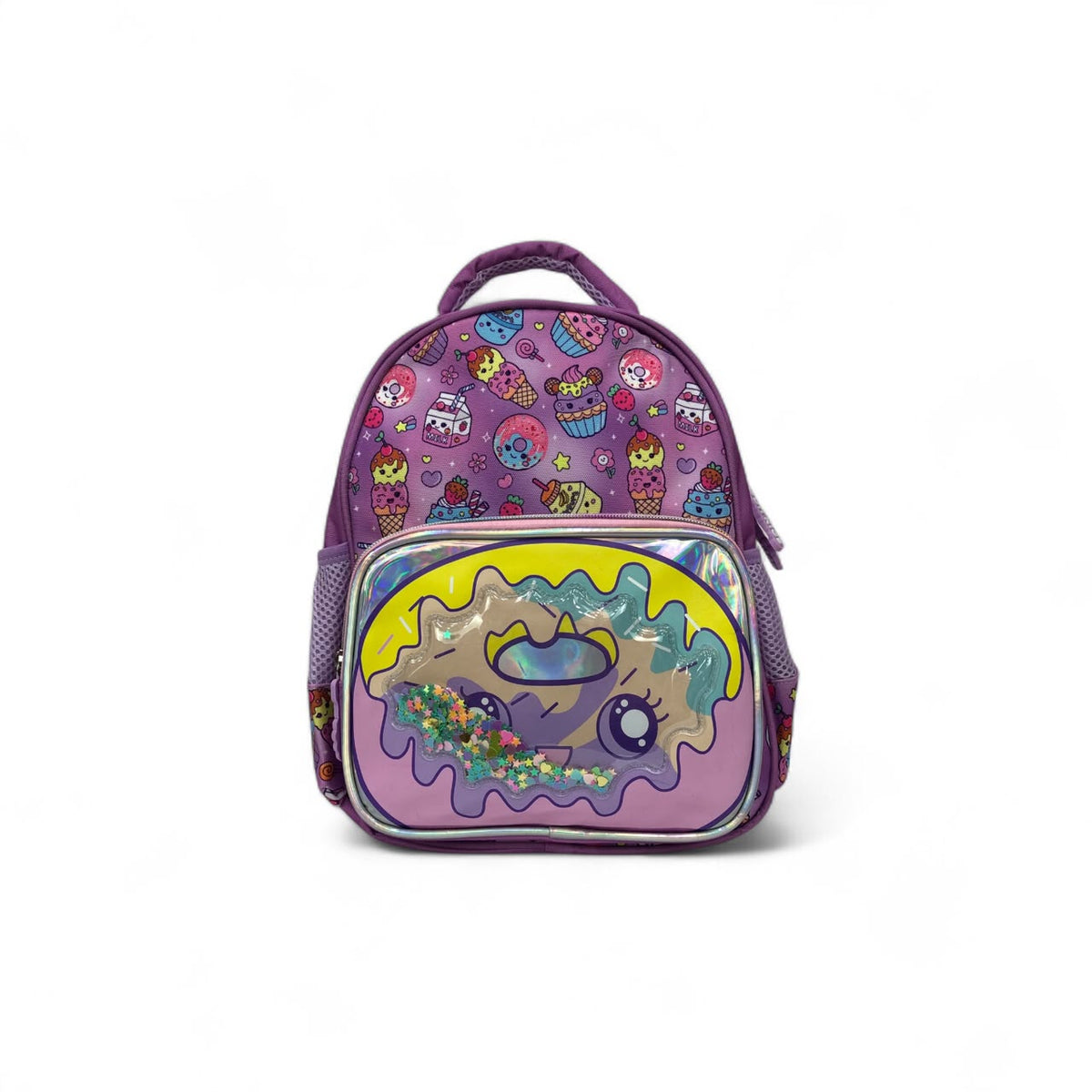 Kids holographic backpack featuring donut-and-treat pattern and rainbow hologram front pocket