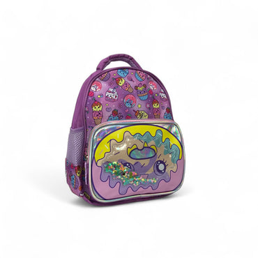 Kids holographic backpack with donut-and-candy pattern and clear front hologram pocket