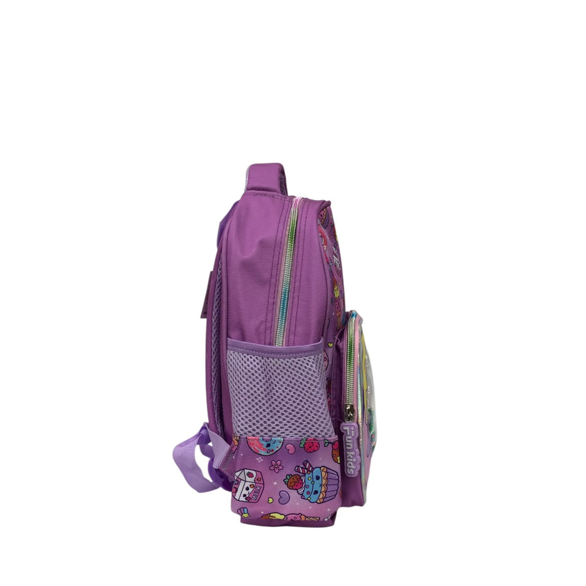 Kids holographic backpack, purple side view with mesh pocket and zipper details