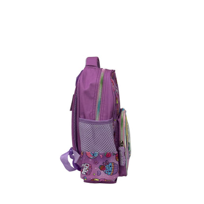Kids holographic backpack, purple side view with mesh pocket and zipper details
