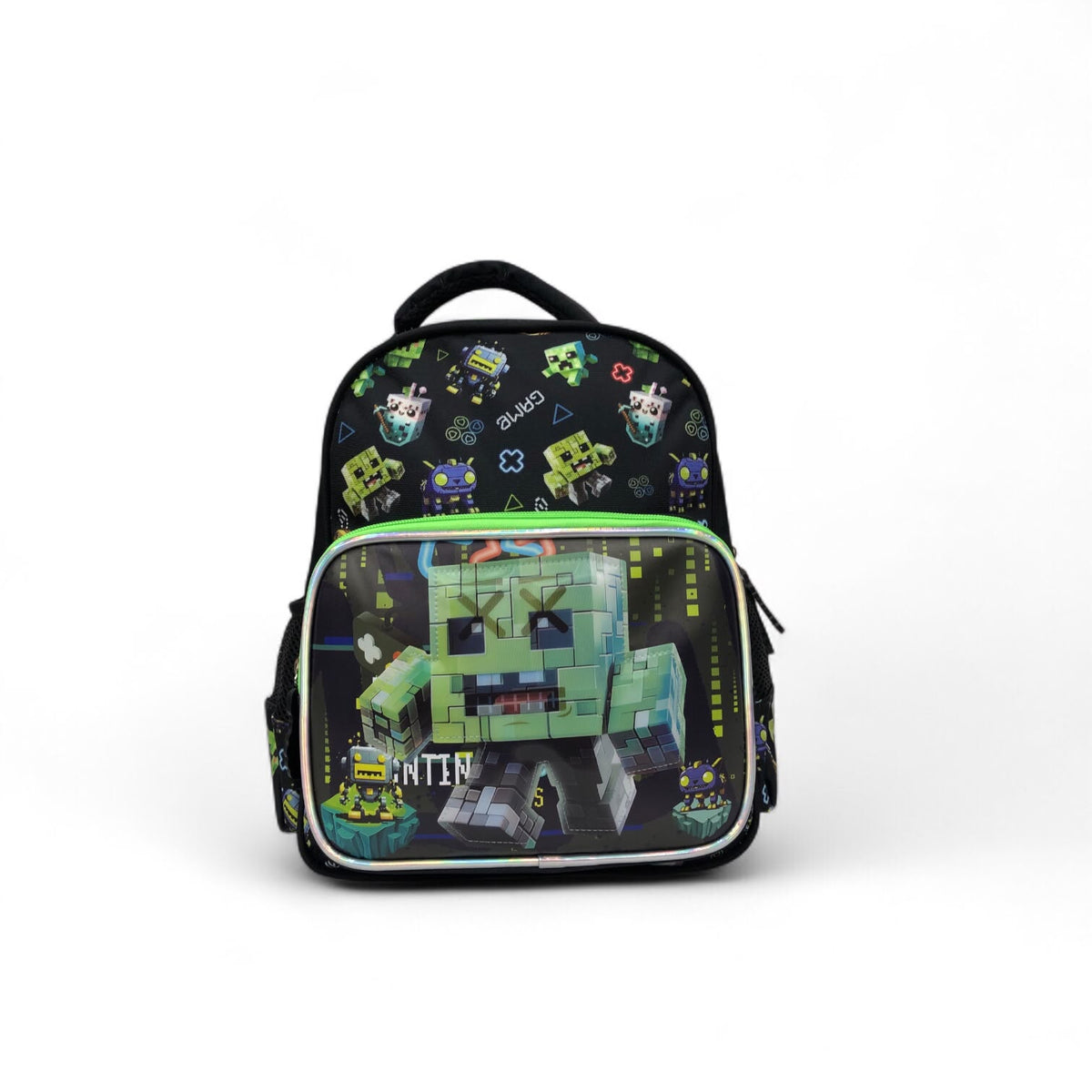 Black kids backpack with green-trim pixel gamer print and clear front window panel