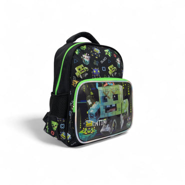 Black kids backpack with pixel pattern sides and clear front panel with green edging