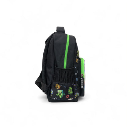 Black kids backpack with green zipper pocket and pixel game print front panel