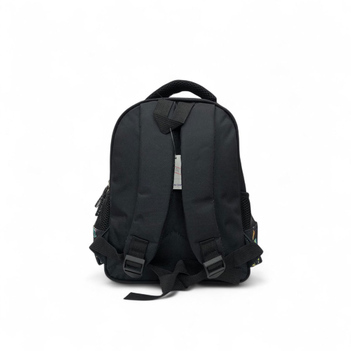 Black kids backpack with green trim, top handle, and front carrying straps