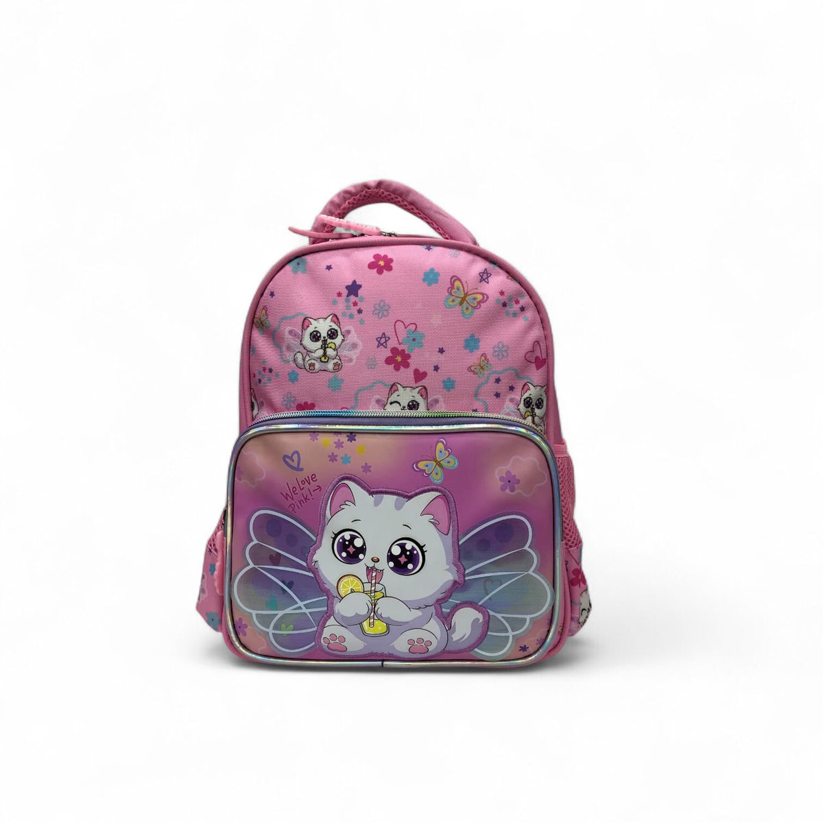 Kids pink backpack with fairy cat and butterfly wings art, front zipper and side mesh