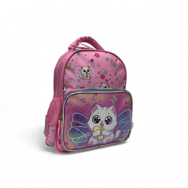 Kids pink backpack with fairy cat and butterfly wings graphic, clear front pocket