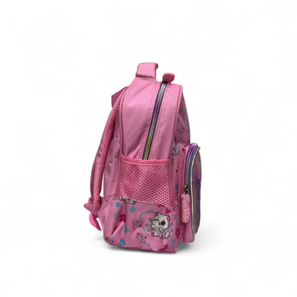 Kids pink backpack with side pocket mesh and zipper details, cartoon cat artwork
