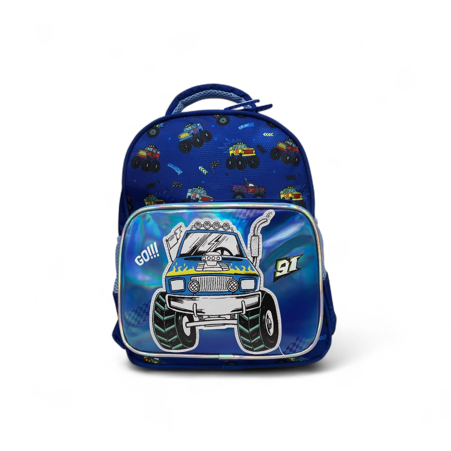 Dark blue holographic kids backpack with large monster truck graphic and 'Go!' text