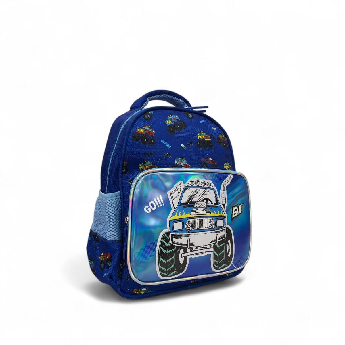 Dark blue kids backpack with holographic front panel and monster truck graphic, top handle