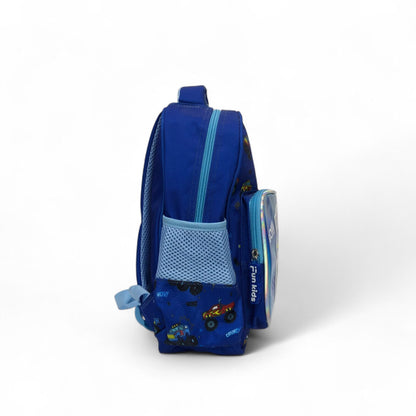 Dark blue kids backpack with side pocket, mesh panel, and holographic truck graphic
