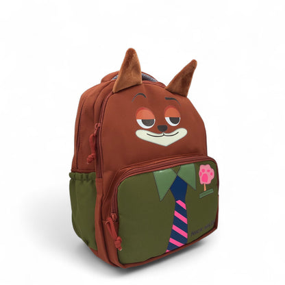 Kids fox-eared backpack with 3D face patch, brown and green front with striped tie