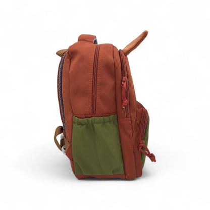 Kids fox-eared backpack side view, brown top with green bottom panel and side pocket