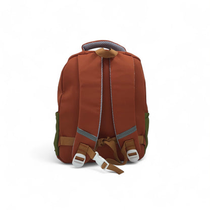 Kids fox-eared backpack, brown with green panels and adjustable front straps