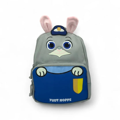 Kids animal-ear backpack with 3D Judy Hopps face, blue front pocket, pink ears