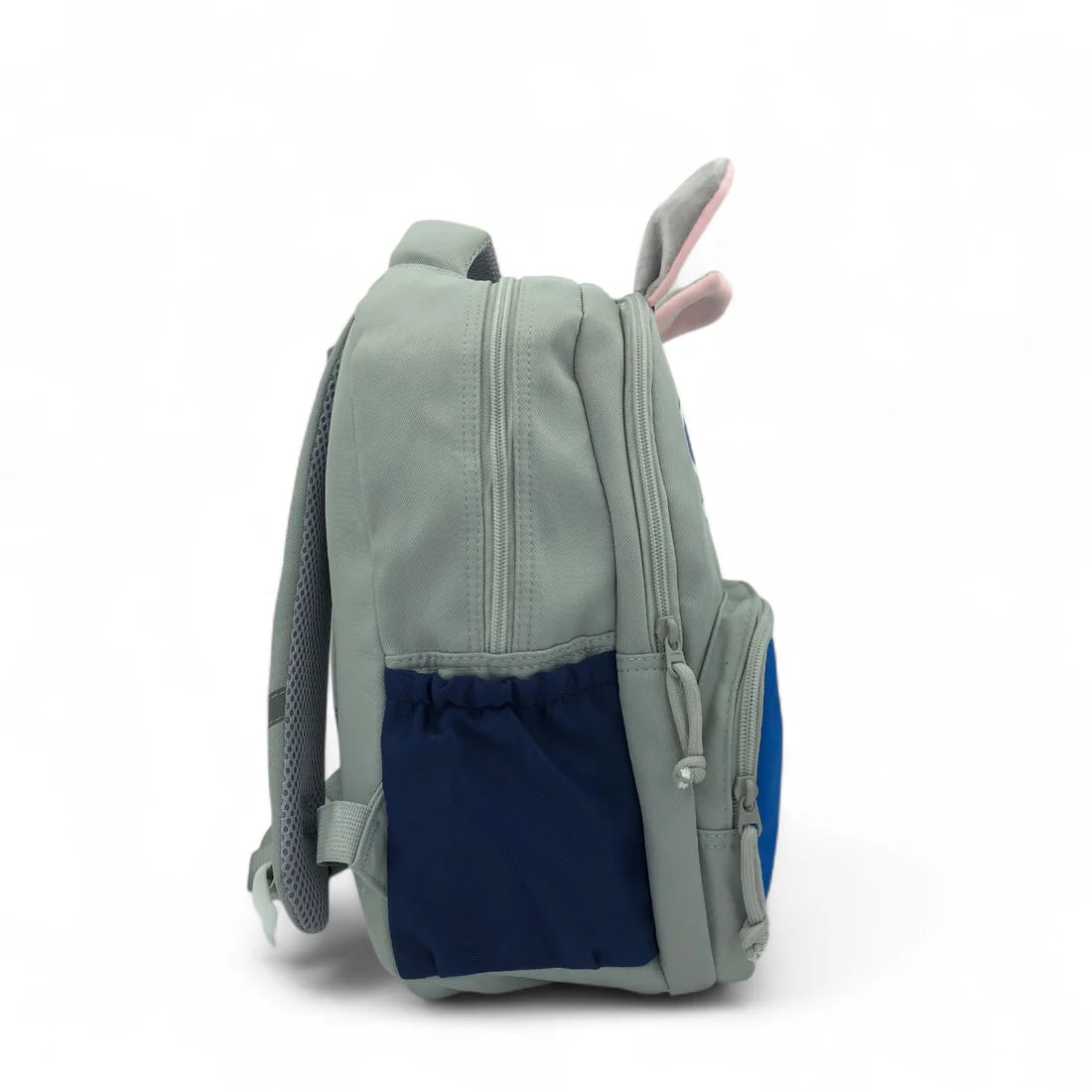 Kids animal-ear backpack, sage green side view with zip pocket and strap loops