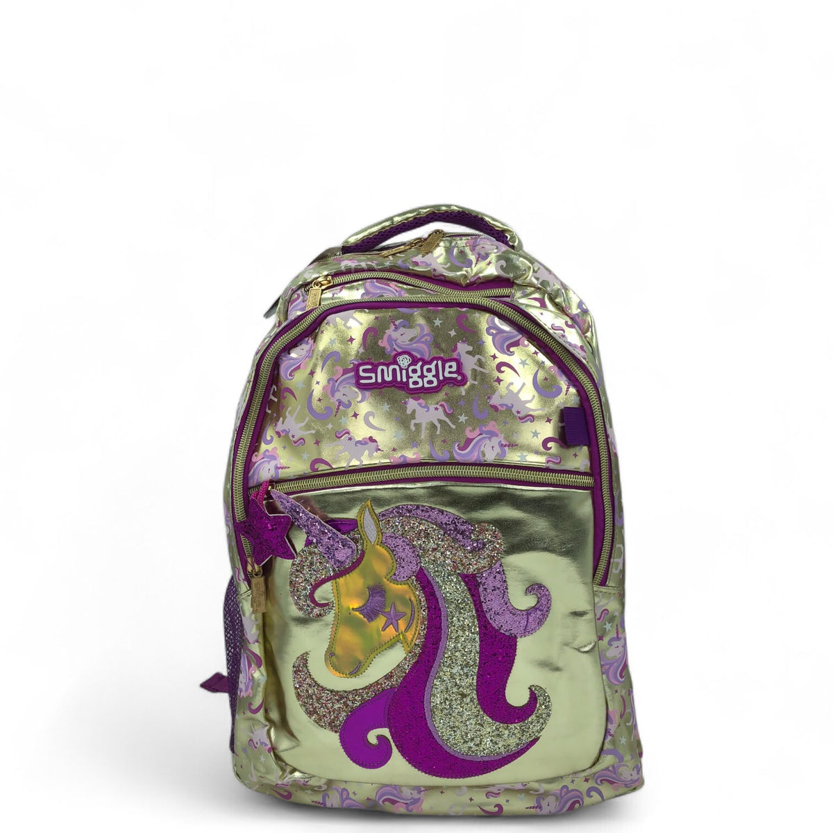 Kids metallic gold unicorn glitter backpack with Smiggle front panel and zip closure