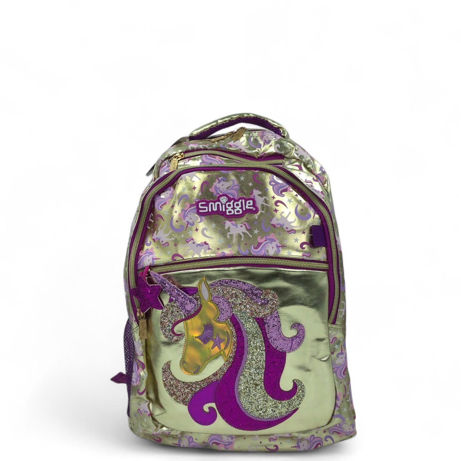 Kids metallic gold unicorn glitter backpack with Smiggle front panel and zip closure