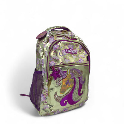Kids metallic gold unicorn backpack with Smiggle logo and purple mesh pocket