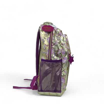 Kids unicorn backpack with holographic purple-and-gold fabric and mesh front pocket