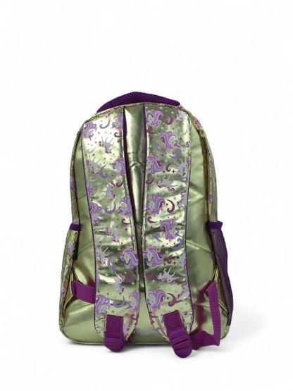 Kids metallic gold unicorn glitter backpack with purple straps and front zip pocket