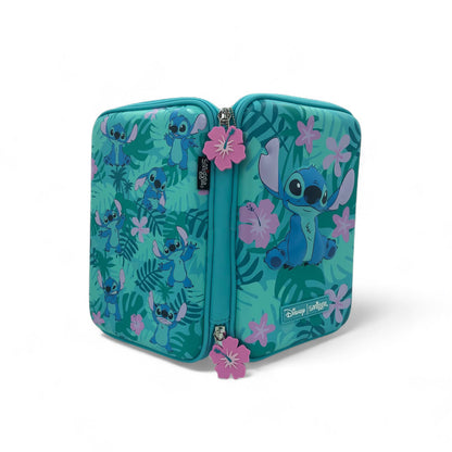 Teal hardtop pencil case with tropical Stitch print, side view and zip