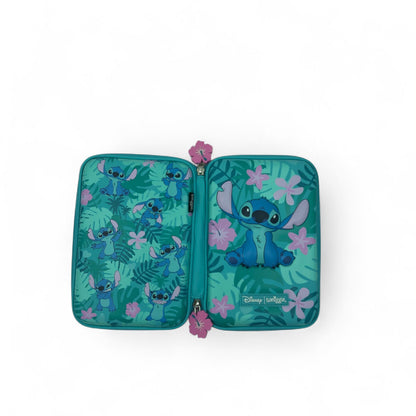 Stitch hardtop pencil case open, teal interior and tropical animal print