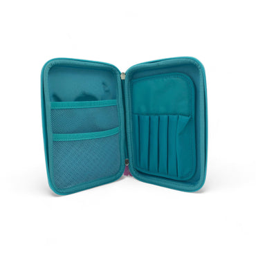 Teal hardtop pencil case open view with mesh pocket and elastic pen slots