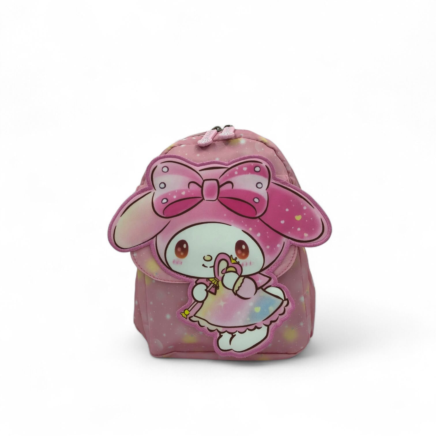 Pink kids mini backpack with large character face and bow graphic on front