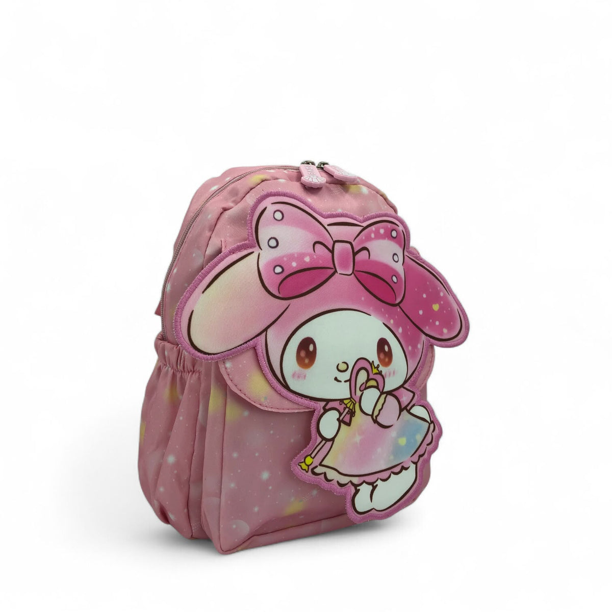 Pink kids backpack with front character applique, bow hat graphic, and hanging strap