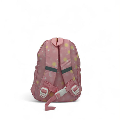 Pink kids backpack back panel with adjustable shoulder straps and top handle