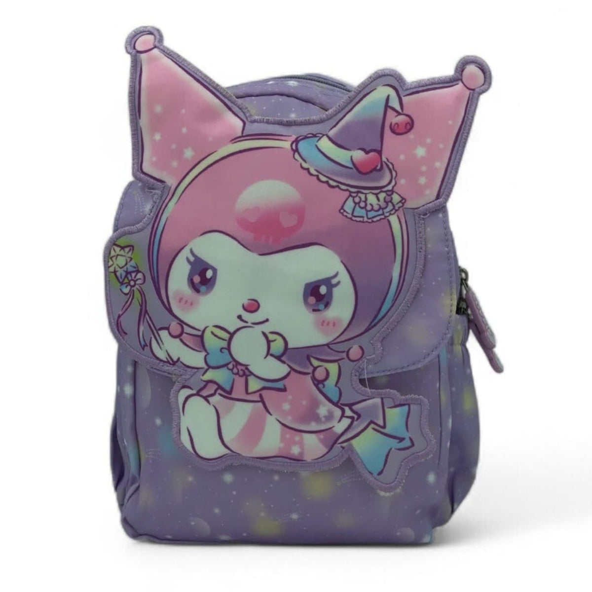 Purple kids backpack with Kuromi witch face graphic, cat-ears hood, front pocket