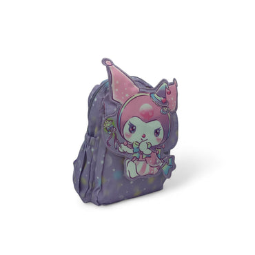 Purple kids backpack with Kuromi witch character graphic, cat-ear hood, front view