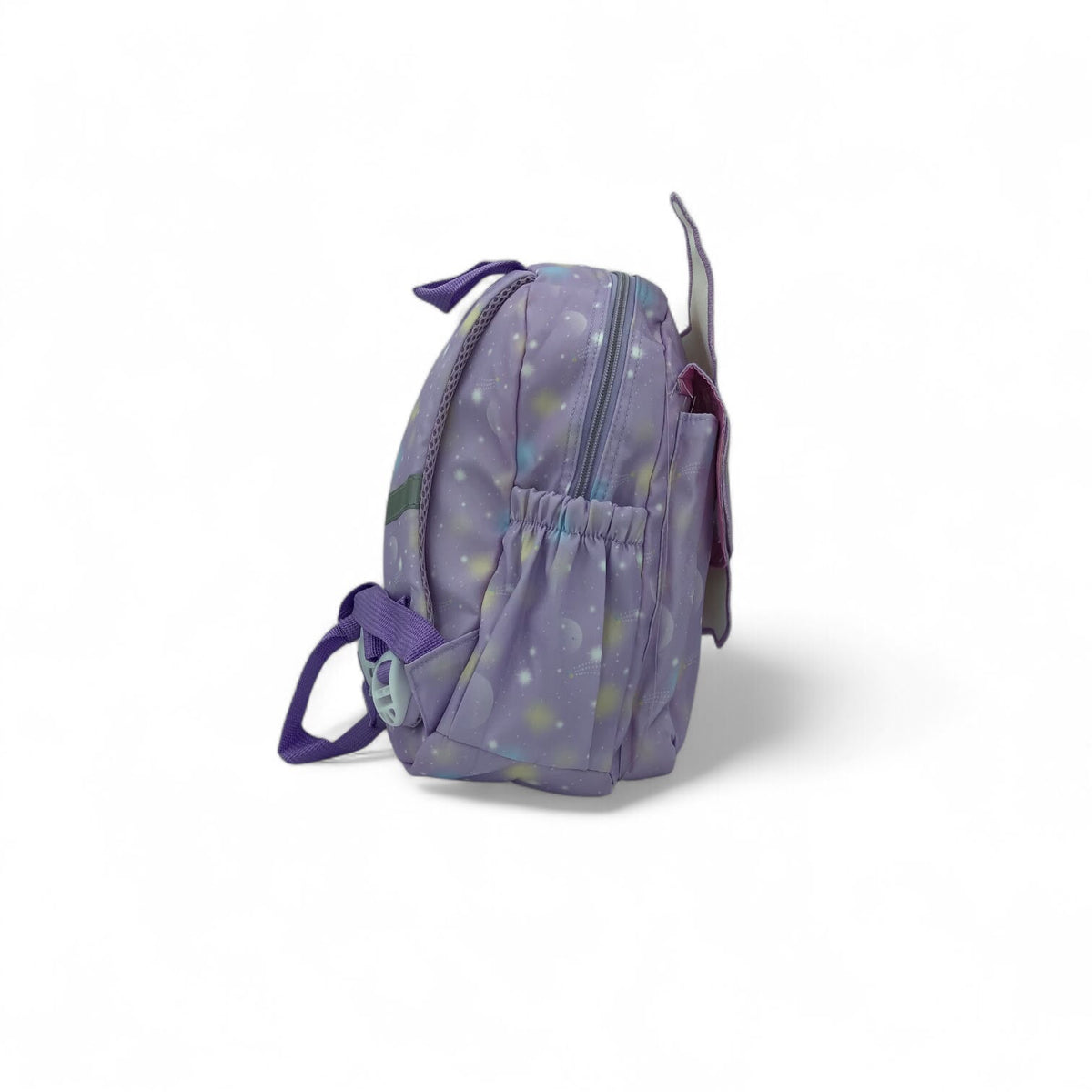 Purple kids backpack with star pattern, bow strap, and side zipper pocket